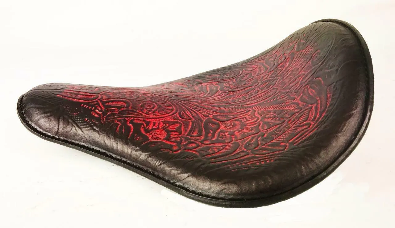 Spring Seat Chopper Bobber Harley Sportster Honda 13x15 Ant Red Tooled Leather