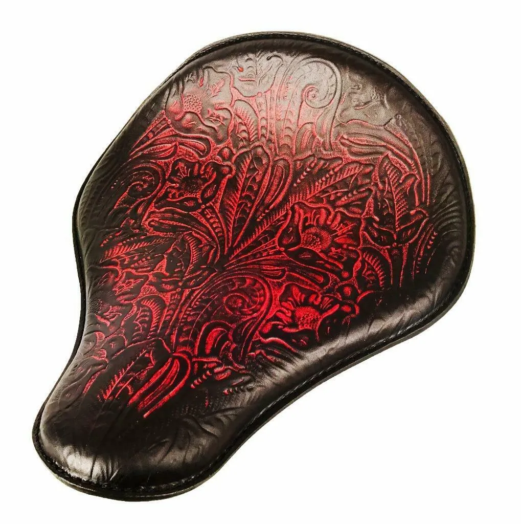 Spring Seat Chopper Bobber Harley Sportster Honda 13x15 Ant Red Tooled Leather