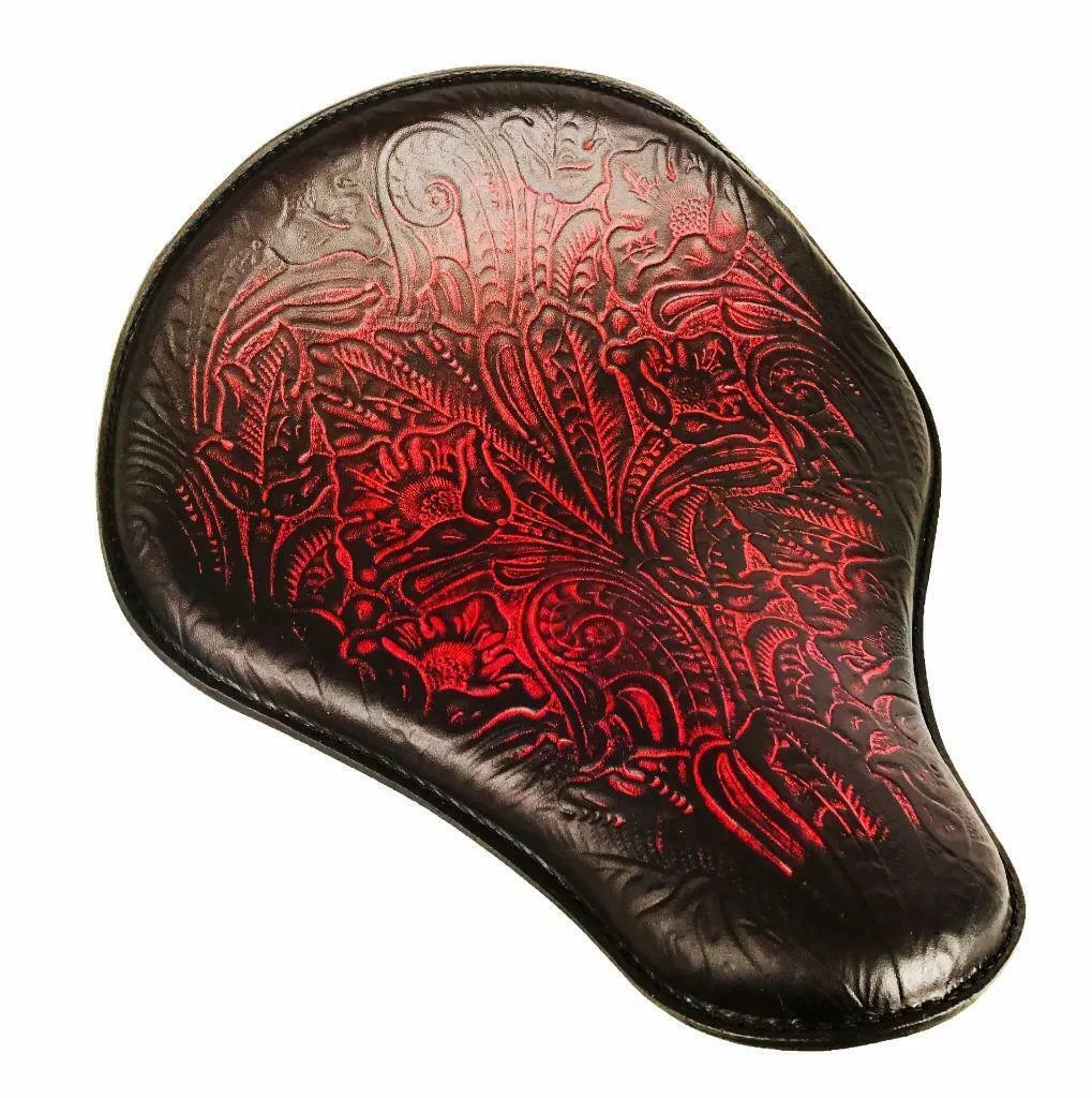 Spring Seat Chopper Bobber Harley Sportster Honda 13x15 Ant Red Tooled Leather