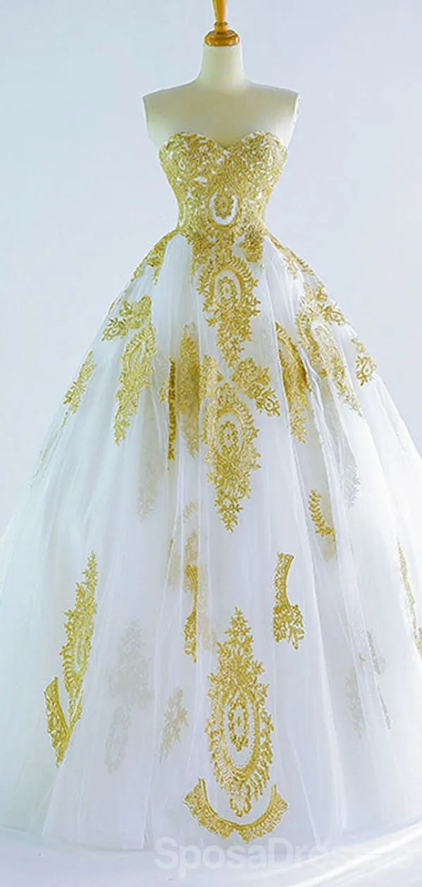 Sweetheart Gold Lace Applique A-line Wedding Dresses, Cheap Wedding Gown, WD710
