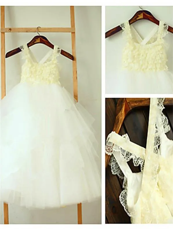 Tulle Square Sleeveless Layers Flower Girl Dresses Tea Length Ball Gown