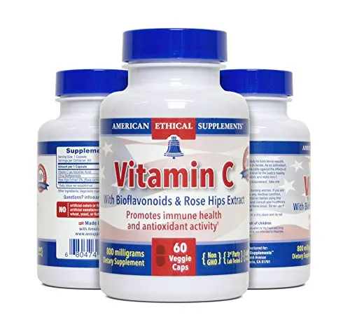 Vitamina C (800 mg) – 60 cápsulas vegetarianas – Salud inmune y actividad antioxidante. Mejorado con bioflavonoides y extracto de caderas de rosa (5%) para una respuesta óptima a la defensa.