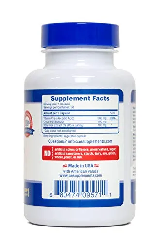 Vitamina C (800 mg) – 60 cápsulas vegetarianas – Salud inmune y actividad antioxidante. Mejorado con bioflavonoides y extracto de caderas de rosa (5%) para una respuesta óptima a la defensa.