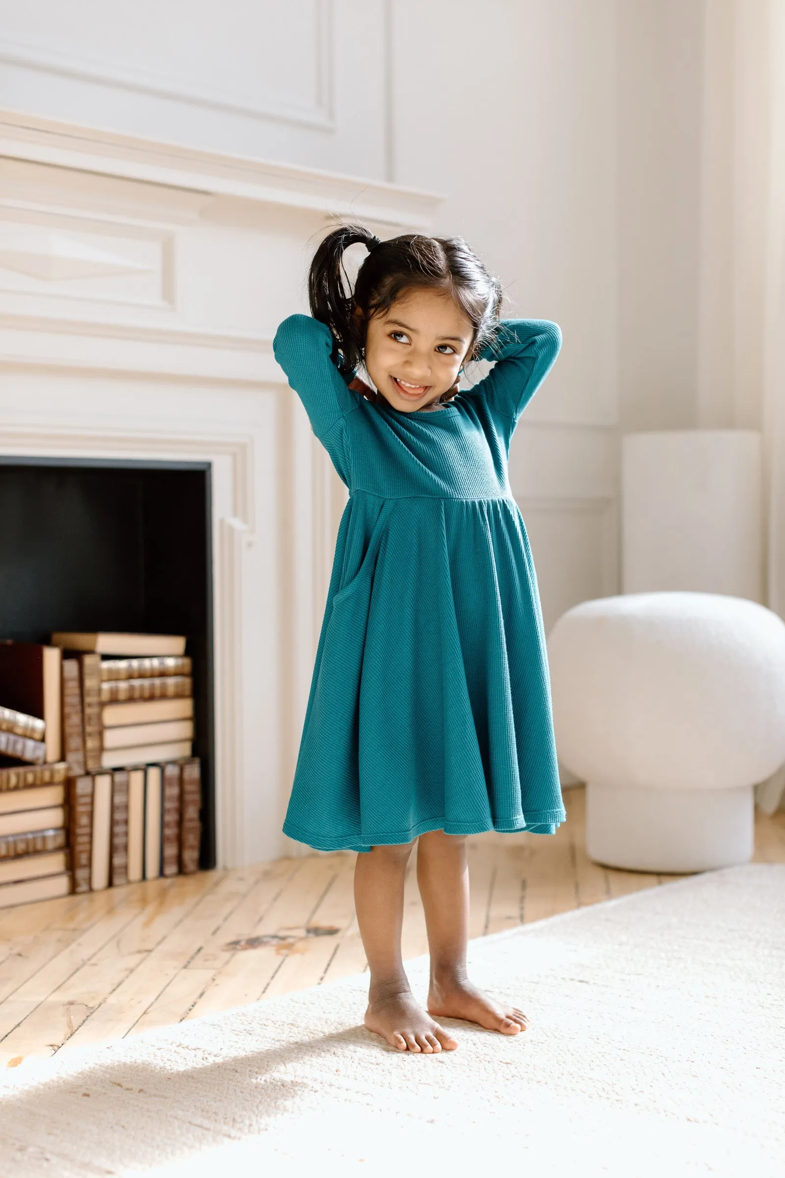 Waffle Long Sleeve Skater Dress - Peacock