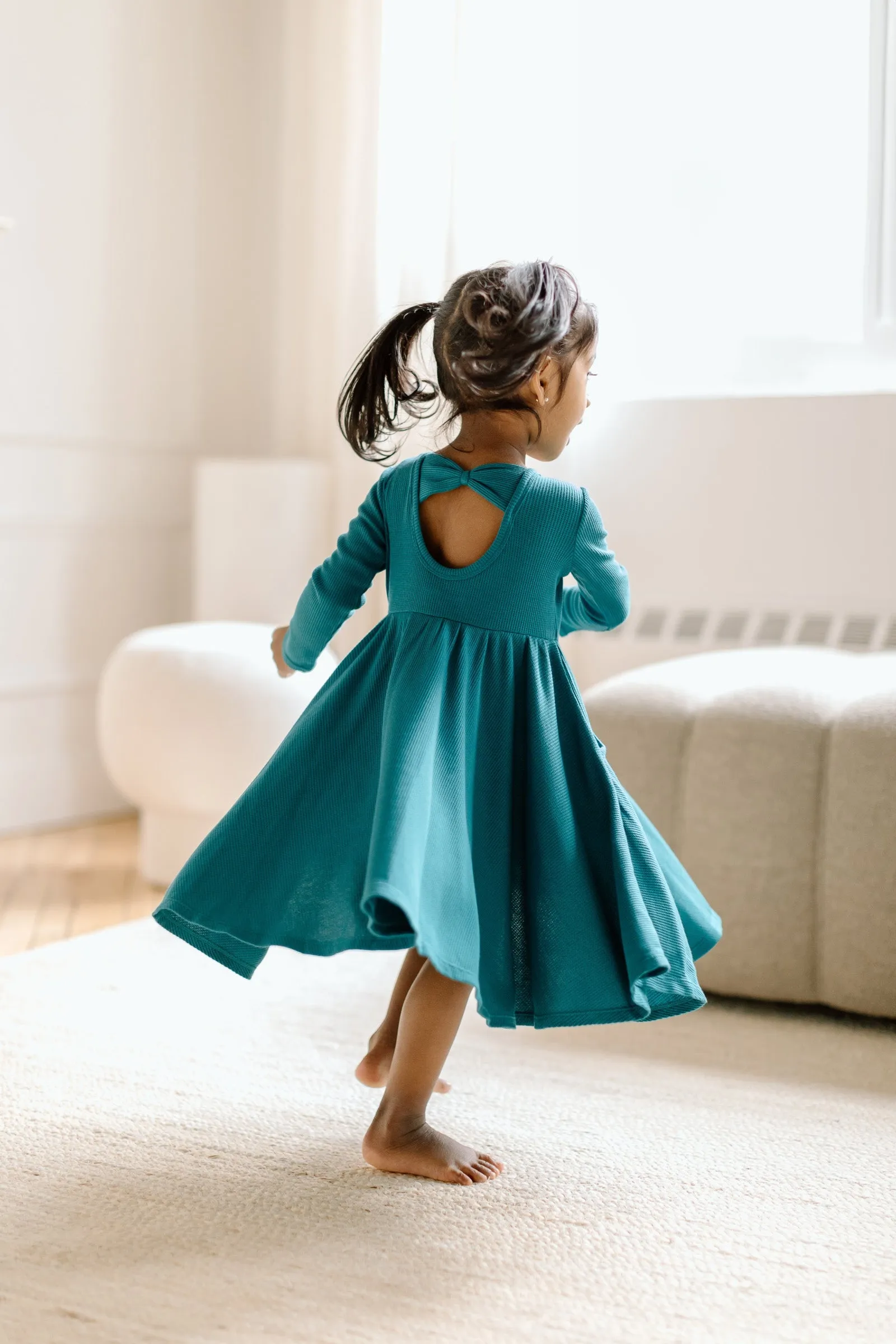 Waffle Long Sleeve Skater Dress - Peacock