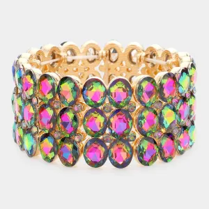 Wide Multi-Color Three Row Crystal Oval Stone Stretch Bracelet | Big Chunky Bracelet | 596234