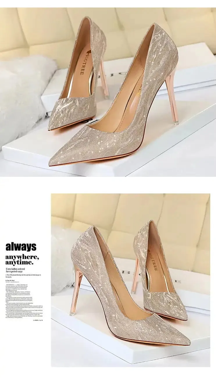 Woman Pumps Silver Champagne High Heels Stiletto Wedding Shoes Sequins Women Heels Fashion Ladies Shoes