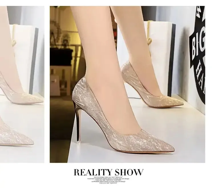 Woman Pumps Silver Champagne High Heels Stiletto Wedding Shoes Sequins Women Heels Fashion Ladies Shoes