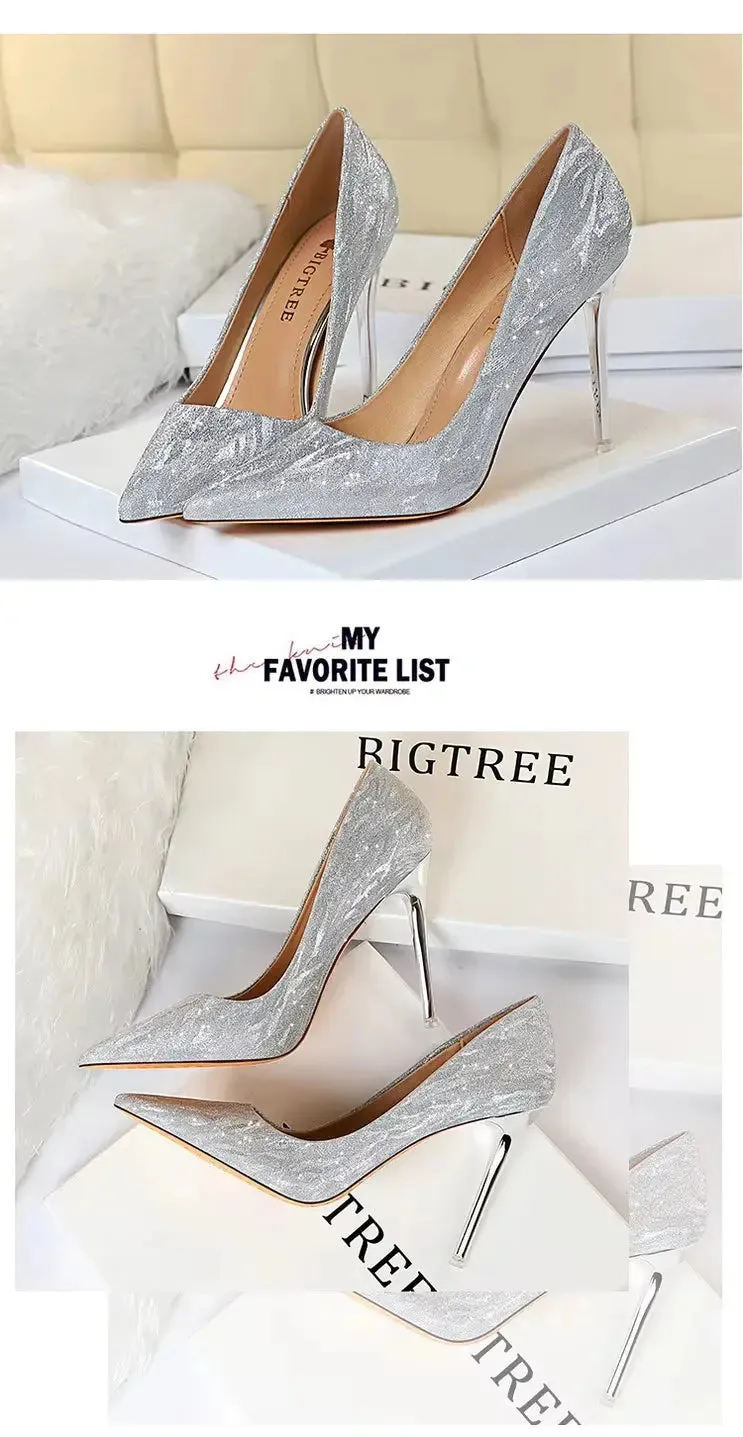 Woman Pumps Silver Champagne High Heels Stiletto Wedding Shoes Sequins Women Heels Fashion Ladies Shoes