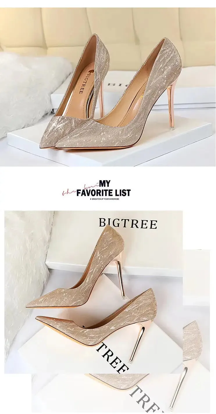 Woman Pumps Silver Champagne High Heels Stiletto Wedding Shoes Sequins Women Heels Fashion Ladies Shoes