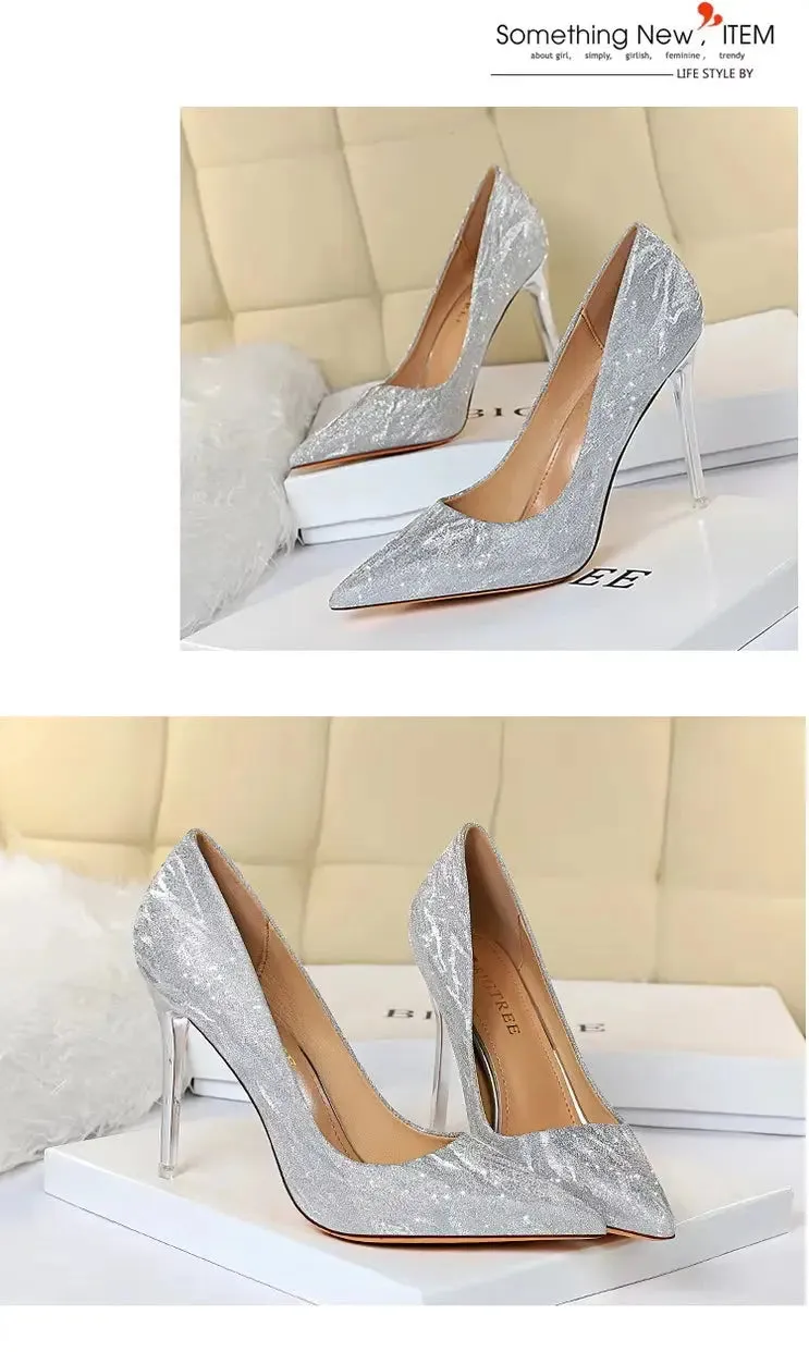 Woman Pumps Silver Champagne High Heels Stiletto Wedding Shoes Sequins Women Heels Fashion Ladies Shoes